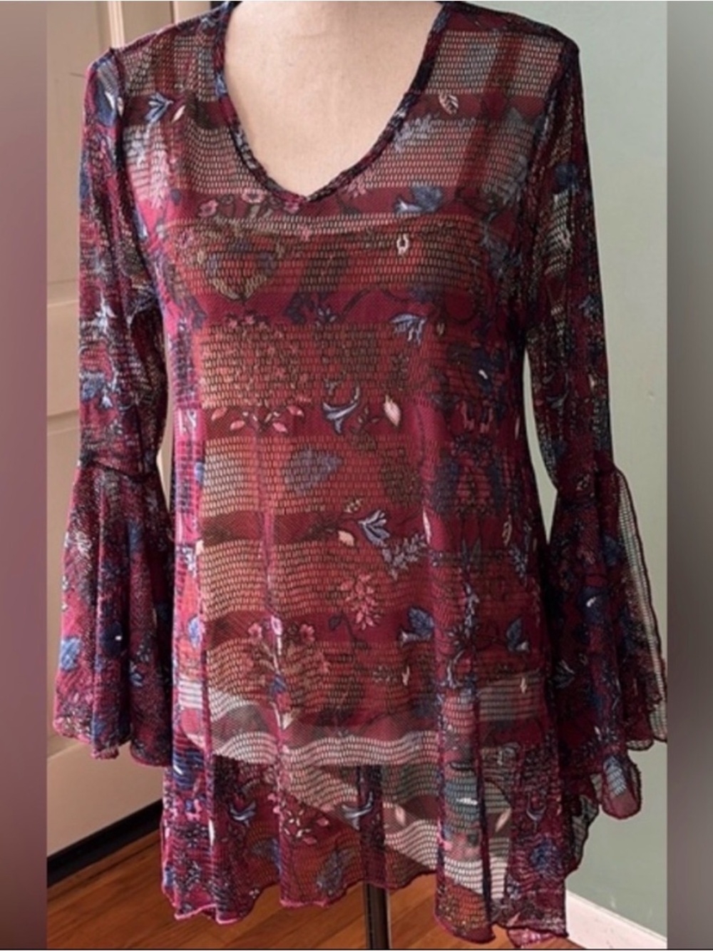 Dor Dor Sheer Floral Bell Sleeve Tunic - Burgundy Multi